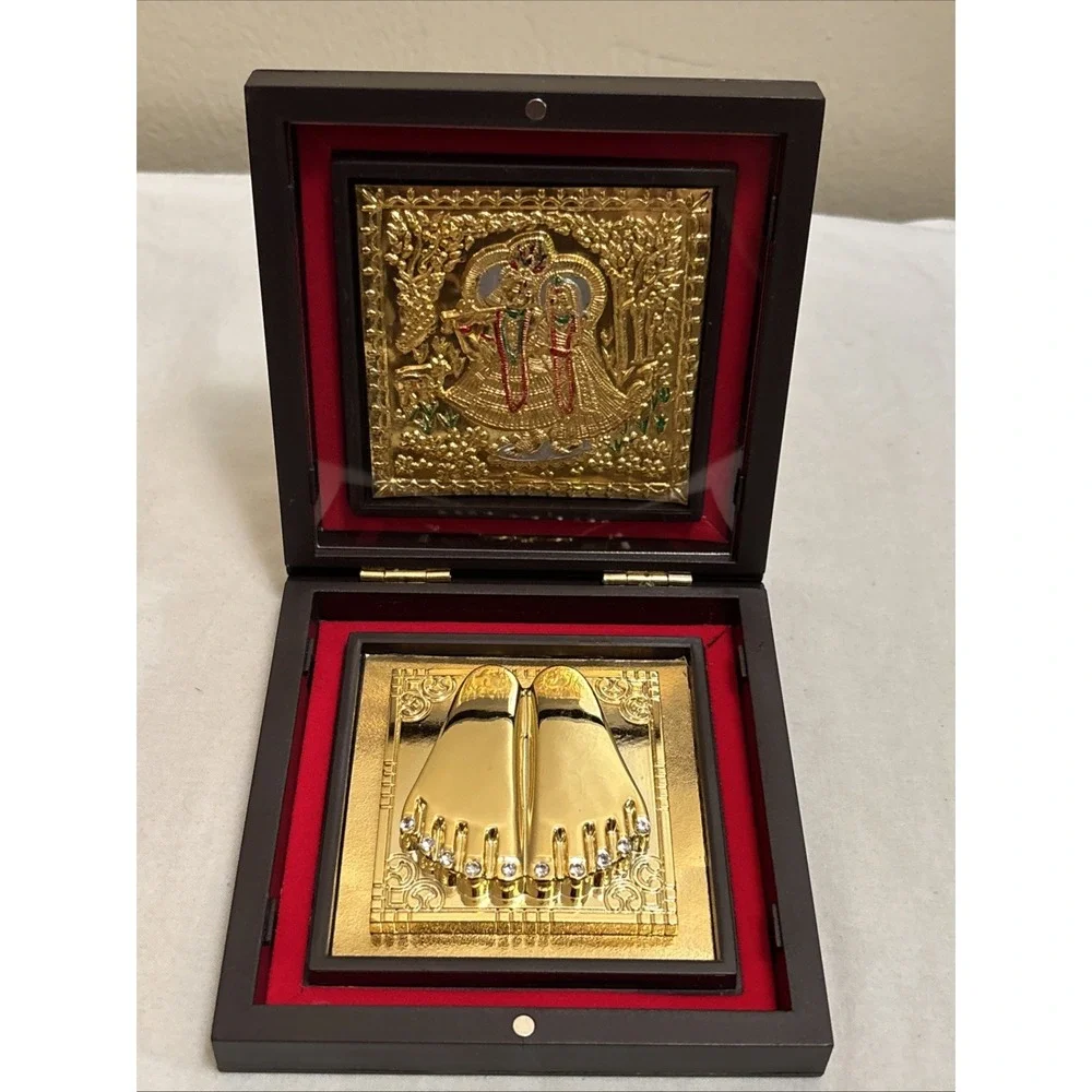 Gold Plated Radhe Shyam God Prayer Box Charan Paduka Religious Decor